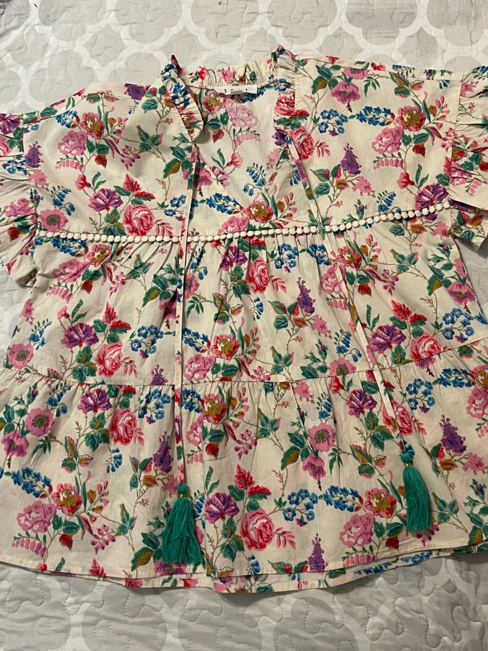 THML Floral Tassel Peasant Blouse - Cream with Pink, Green & Blue